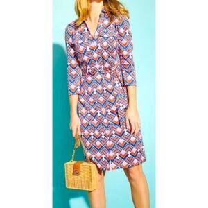 J. McLaughlin Dress Sz M Knee Length Stretch Button Up 3/4 Sleeve Abstract Retro